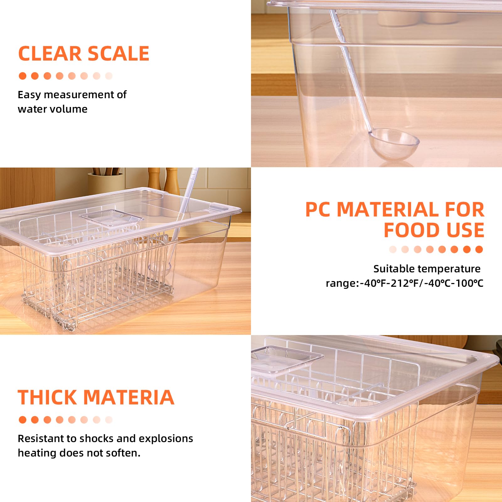 Sous Vide Container 26 QT with Lid, Rack & Spoon-Precision Cooking Tub for Anova Nano, Joule, Instant Pot Immersion Circulators - Large Accessories Kit (Square opening)