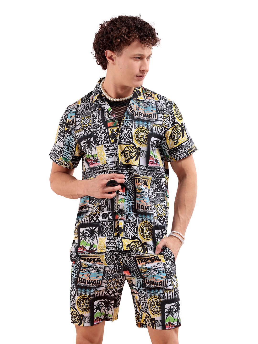 the indian garage co Men's Cotton Printed Regular Fit Tropical Print Resort Wear Boxers & Shirt Co-Ords Set-picture-19