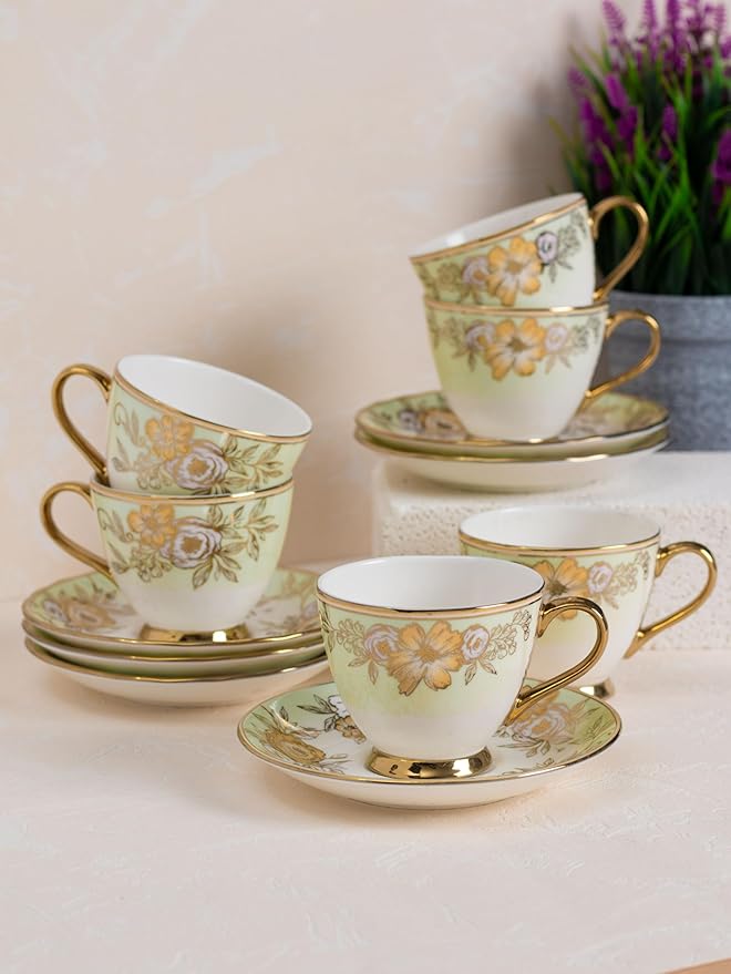 JCPL Fine Ceramic Gold Printed Cup & Saucer Set of 12 (6 Cups + 6 Saucers) 180 ml each (KING