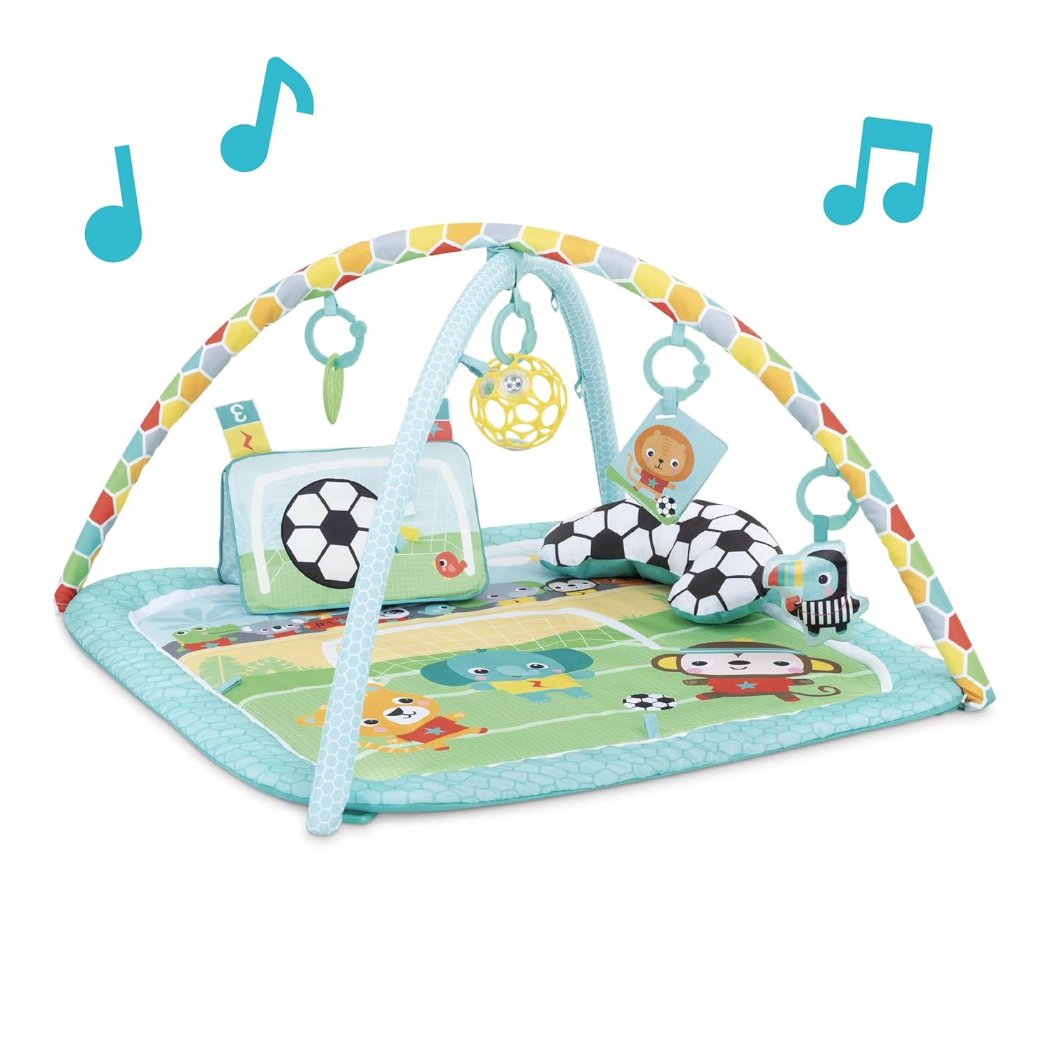 Bright Starts Grip & Kick Oball Activity Gym, Soccer Theme with Easy-Grasp Baby Toys, Baby Play Gym, Kick Pad with Activated Lights & Tummy Time Pillow, Unisex, Newborn+