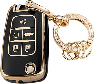 WSAuto for Chevy Key Fob Cover Compatible with Chevrolet Equinox Camaro Cruze Malibu Impala Sonic GMC Terrain Buick Allure Encore Lacrosse Regal Verano TPU Car Key Case Shell with Metal Keychain black