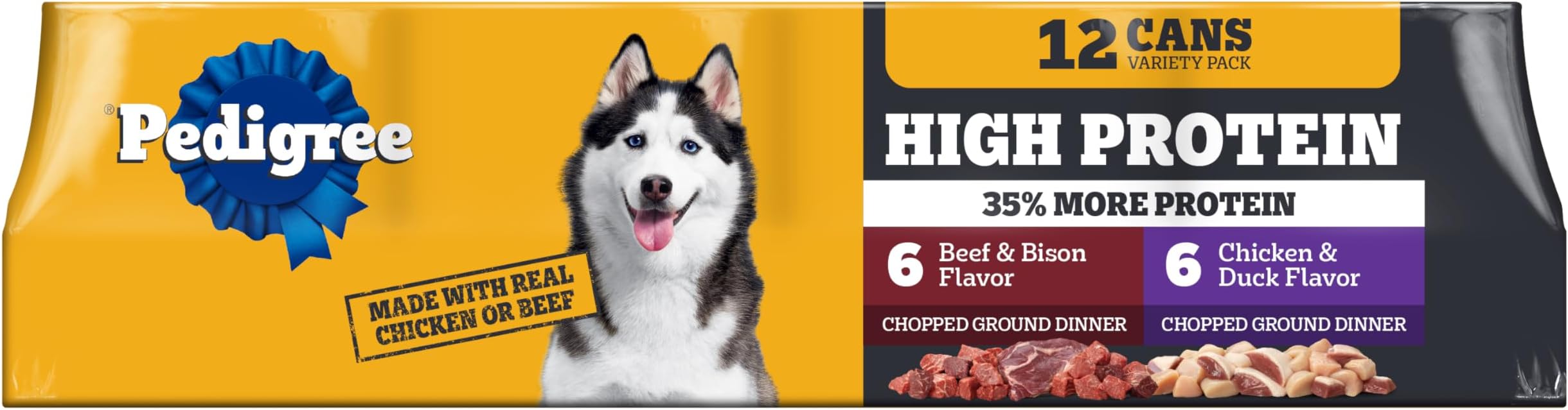 Pedigree High Protein Adult Canned Soft Wet Dog Food Variety Pack, Chopped Beef & Bison Flavor and Chopped Chicken & Duck Flavor, (12) 13.2 oz. Cans