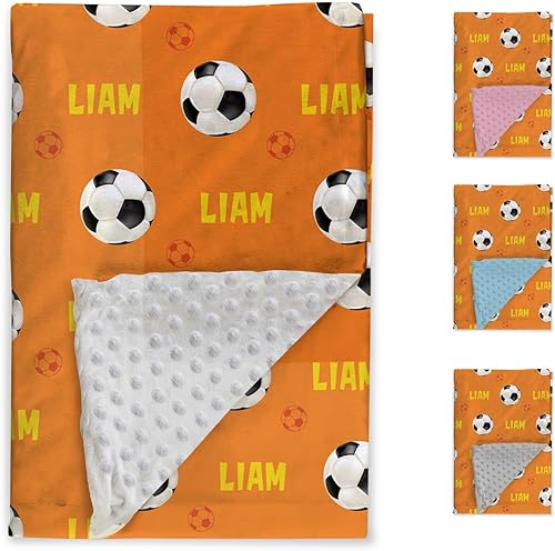 Miniatura 2 de Manta de fútbol personalizada, nombre personalizado con patrones de fútbol, manta de franela de felpa suave con respaldo punteado de doble capa para