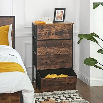 SONGMICS Chest of Drawers, Fabric 5-Drawer Storage Organiser Unit, Dresser, for Living Room, Hallway, Nursery, Rustic Brown and Classic Black LGS45H
