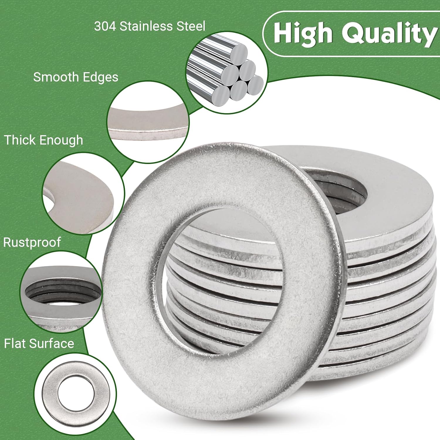 10Pcs 1 Inch 304 SS Flat Washers 2 Inch OD