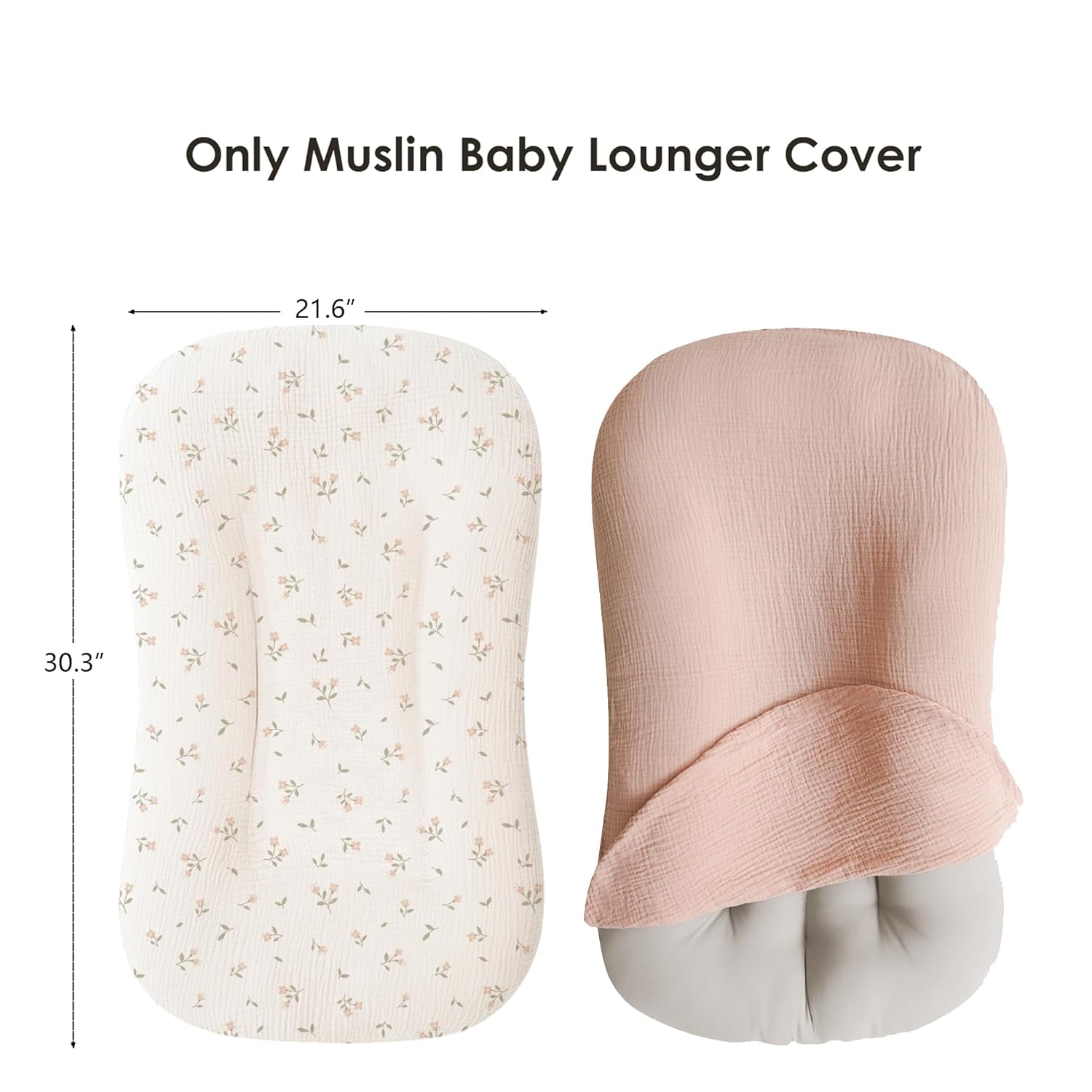 MairMore Muslin Baby Lounger Cover for Newborn & Infant, 100% Cotton Soft and Breathable Lounger Slipcover for Baby Girls and Boys, Pack of 2 (Pink Blossom)