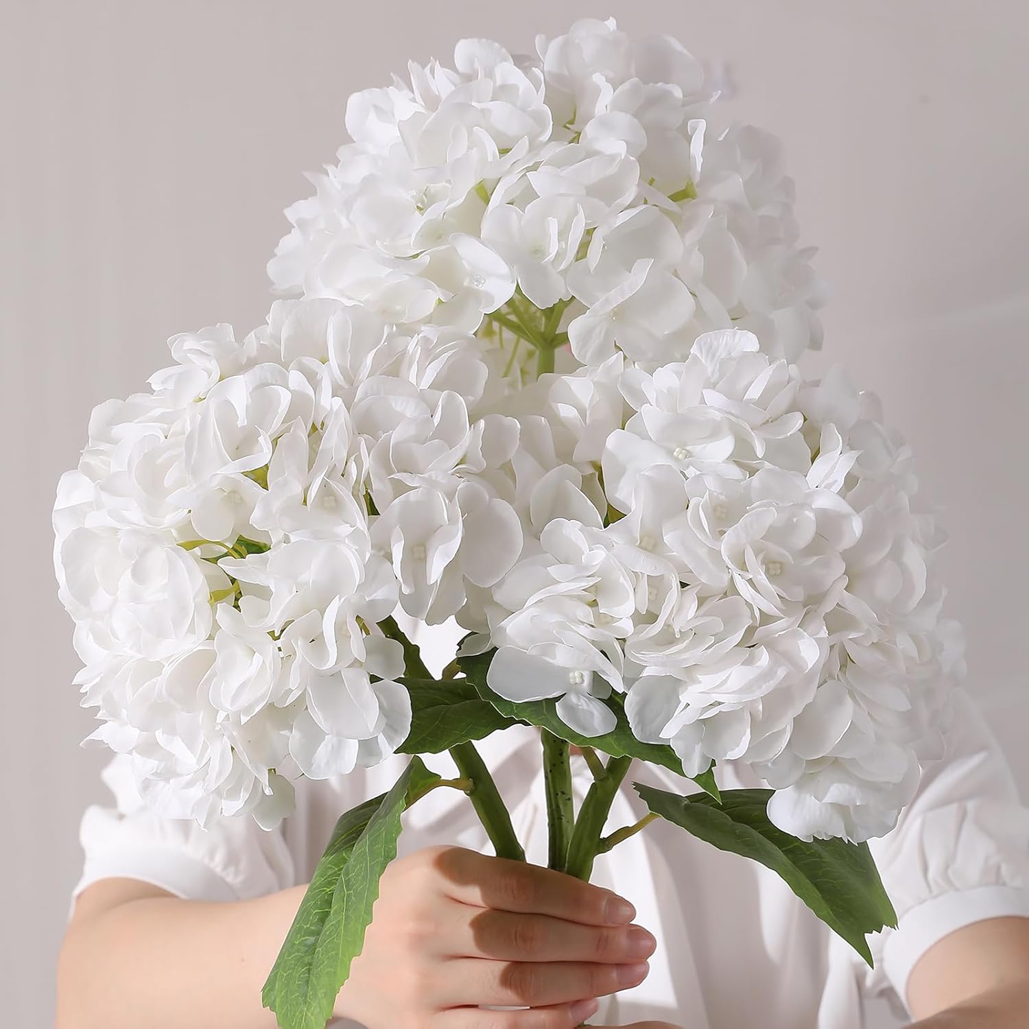 3Pcs Hydrangea Artificial Flowers, 22.44" Real Touch Latex Faux Hydrangea with Long Stems & Leaves for Home Office Decor or Wedding, Party, Centerpieces, Floral Arrangements (White) - Image 2