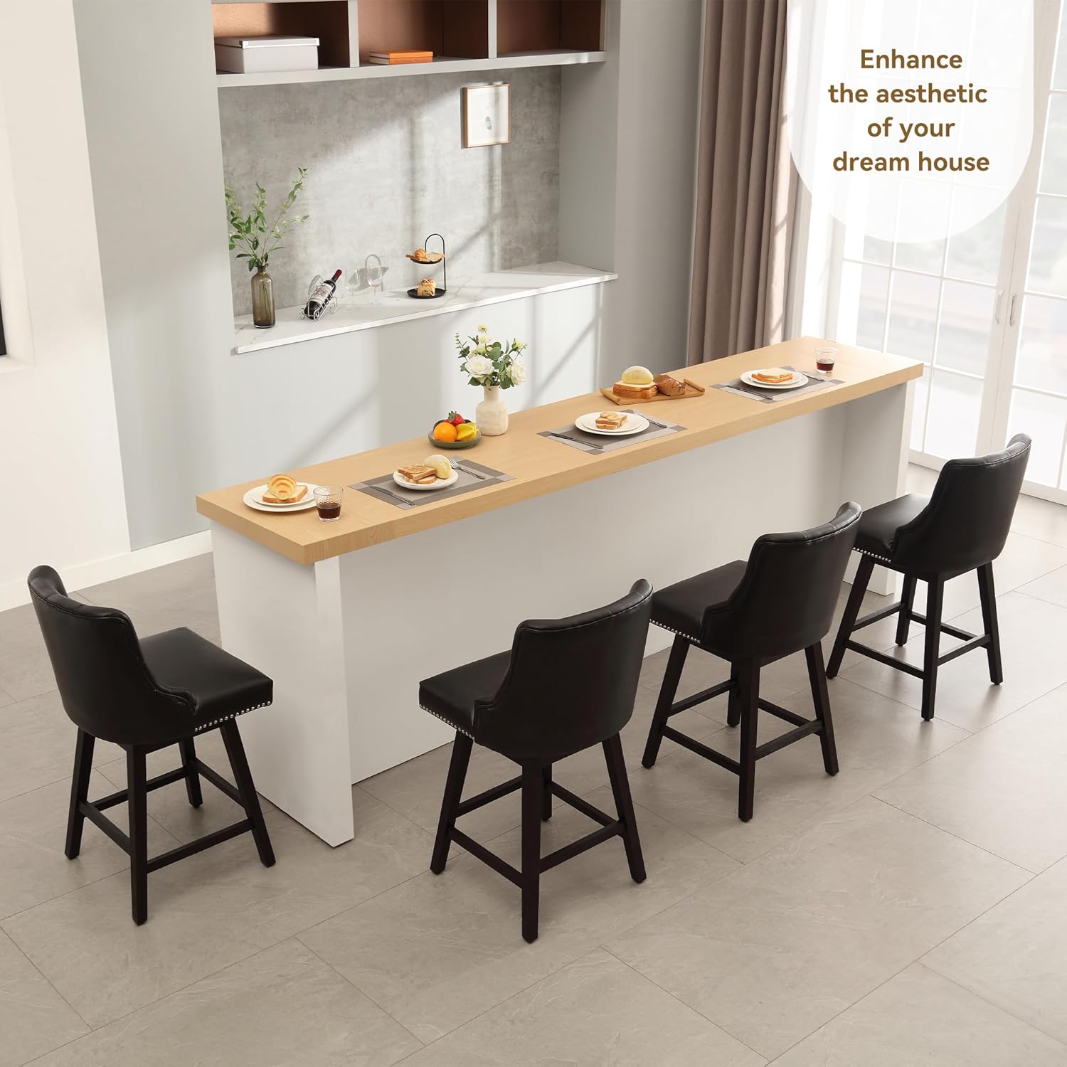 Counter Height Bar Stools Set of 2, 26" Swivel Bar Stools with Backs and Solid Wood Legs, Mid Century Morden Faux Leather Upholstered Barstools for Kitchen Island, Home Bar, Black