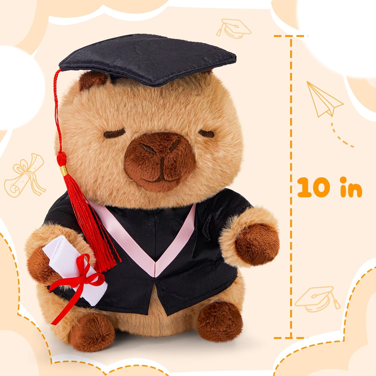Graduation Capybara Plush Toy, 10 Inches Capybara Stuffed Animal with Tassel Black Cap, Graduation Gifts for Boys & Girls