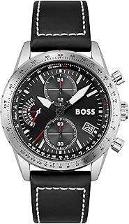 BOSS Men's 44mm Chronograph Quartz Watch Pilot Edition Chrono with Black Dial, Black Leather Strap, Date Fuction, 3 Sub-Dials, 5ATM Water Resistance - 1513853