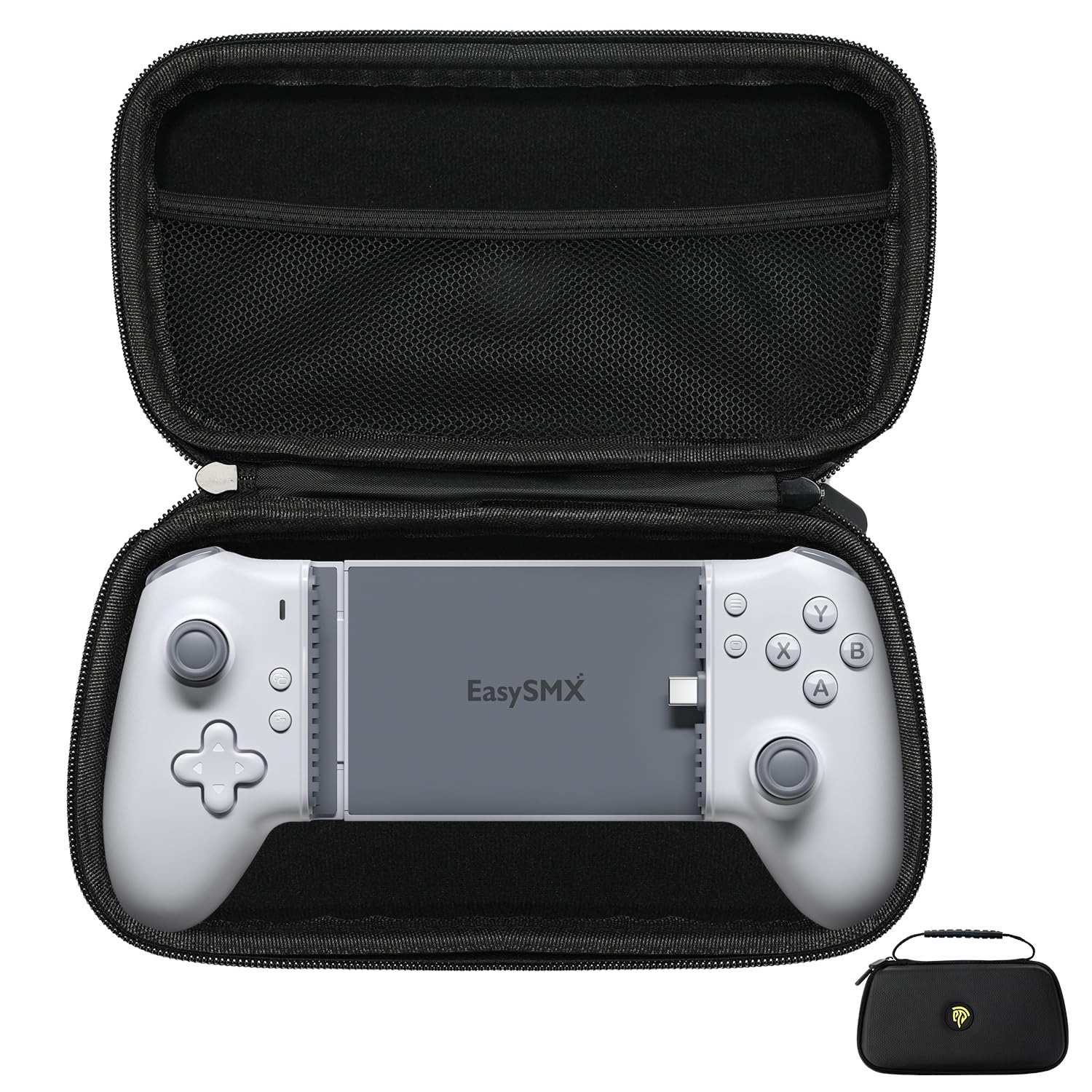 EasySMX M15 Mobile Gaming Controller stored inside its protective carrying case
