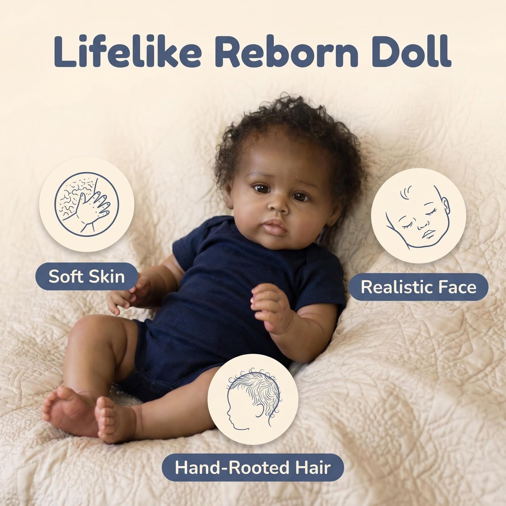 iCradle Reborn-Puppen, 43 cm, Reborn-Babypuppe, dunkle Haut, realistische Babypuppe, echte Babys mit handverwurzeltem schwarzem Haar, für Kinder ab 3 Jahren