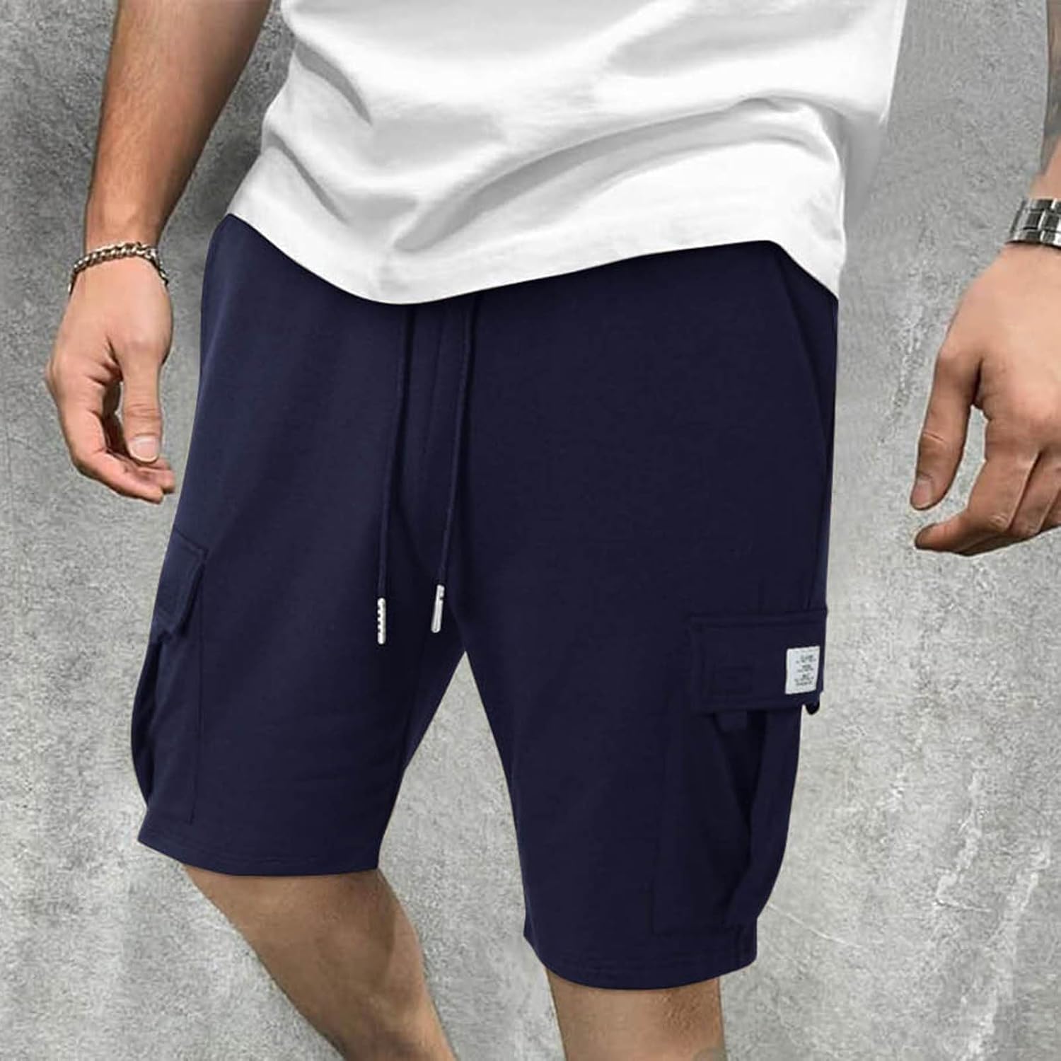Cargo Shorts for Men Lightweight Comfy Elastic Waist Sweat Shorts Knee Length Solid Casual Summer Clothes with Pockets