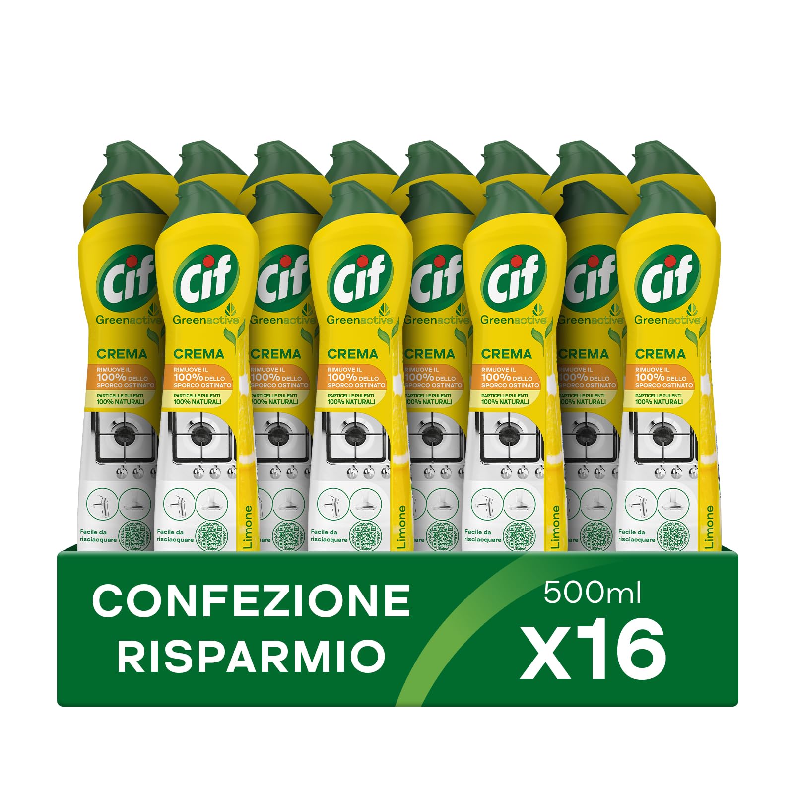Cif Crème, nettoyant pour surfaces dures, format 16 pièces de 500 ml, idéal sur graisse entartrée, résidus de nourriture brûlée et taches de calcaire, avec particules nettoyantes 100% naturelles,