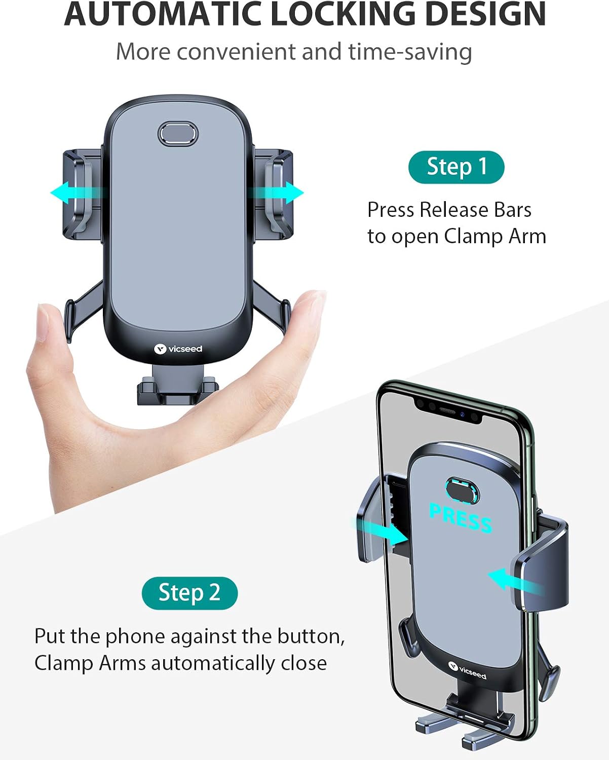 2022 Upgraded Auto Clamp Cell Phone Holder for Car, VICSEED Car Phone Holder Mount Ultra Stable Car Phone Mount Strong Grip Air Vent Phone Car Holder Case Friendly Fit for iPhone 12 and All Smartphone
