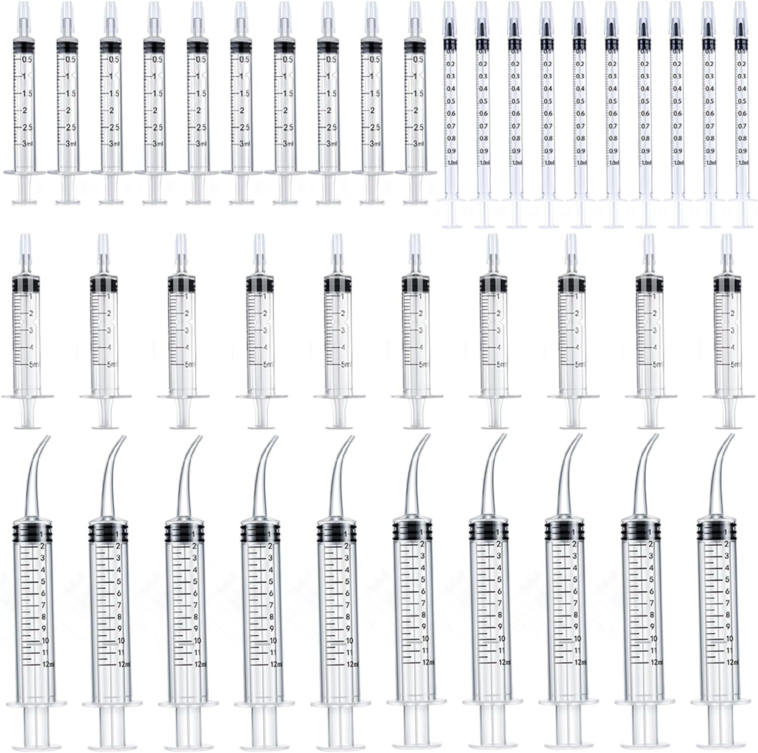 Wisdom Teeth Syringe Set, 40 Pack Oral Syringes, 12ml Dental Syringe with Curved Tip, 5ml Irrigation Syringe with Cap, 3ml 1ml Colostrum Collector Syringes, Plastic Syringe for Liquid