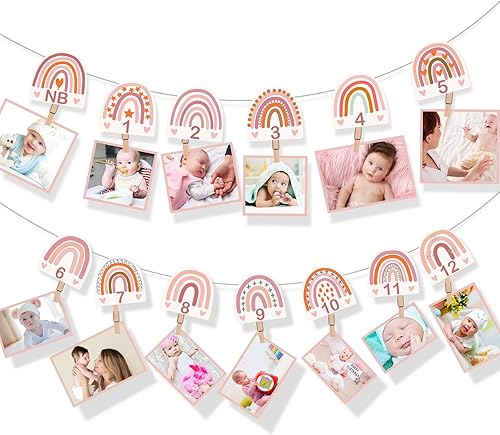 Laumoi 13 piezas de arco iris primer cumpleaños suministros de fotos arcoíris bebé hito mensual foto banner guirnalda rosa de recién nacido a 12