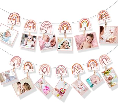 Laumoi Boho 1st Birthday Rainbow Photo Banner for Baby from Newborn to 12 Months Bohemian Baby Monthly Milestone Photo Banner Pink Garland for Birthday Party Supplies Booth Props Decor