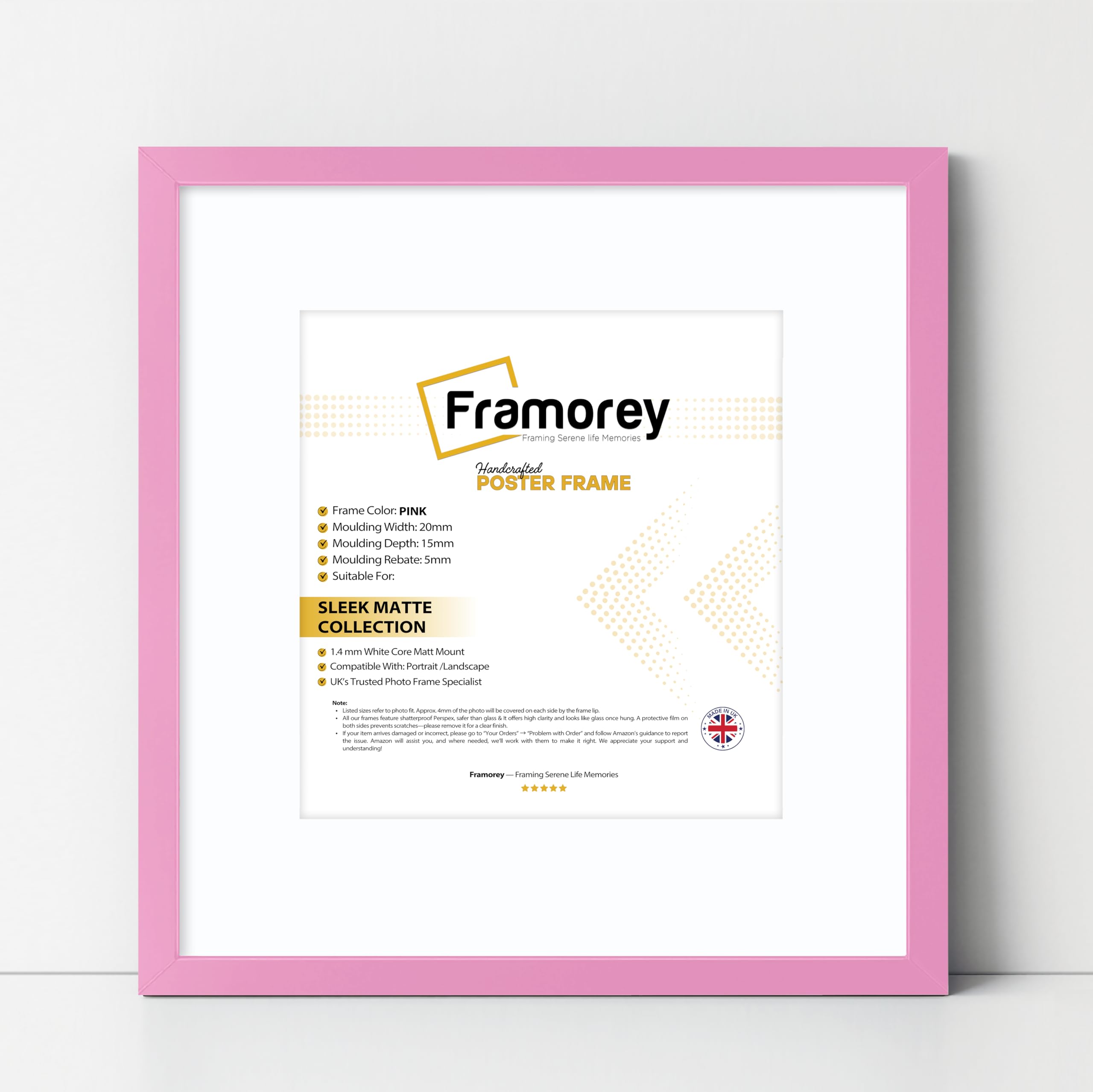 FRAMOREY Square Size Thin Matt Photo, Handmade Flat Thin Picture Frame, 24x24" Size Pink Picture Frame With 20x20" Size White Mount, Photo Print Frames