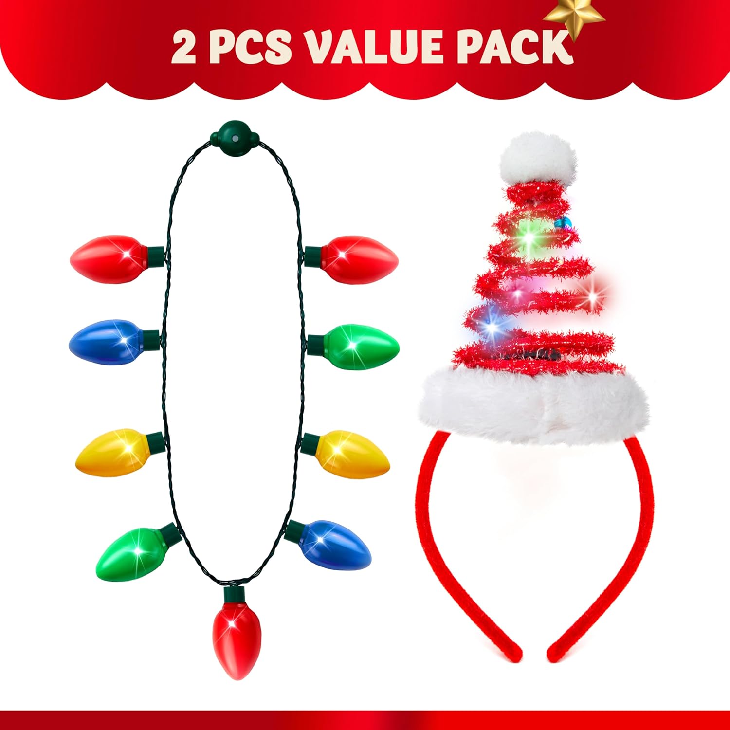 JOYIN 2 Pcs Christmas Lighted Necklace and Santa Hat Headband, Christmas LED Necklace with 9 Bulbs and Xmas Headwear for Holiday Perties Xmas Costume Accessories Party Favors - Image 2