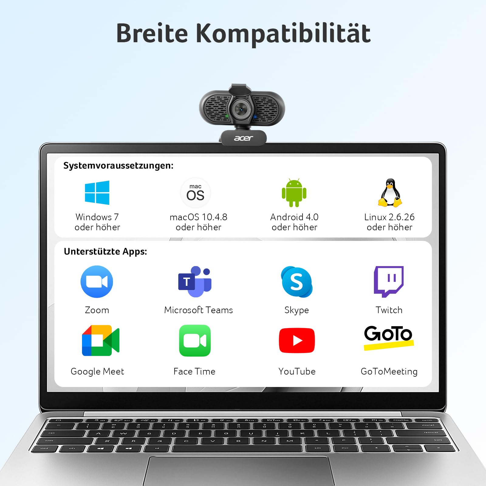 Acer A640 4K-Webcam mit Sony-Sensor, 2K/1080p@60fps, PDAF, Noise-Cancel-Mic, Privacy-Shutter, USB-A-zu-C-Adapter – für Gaming, Streaming, Teams, Zoom, FaceTime & Switch 2