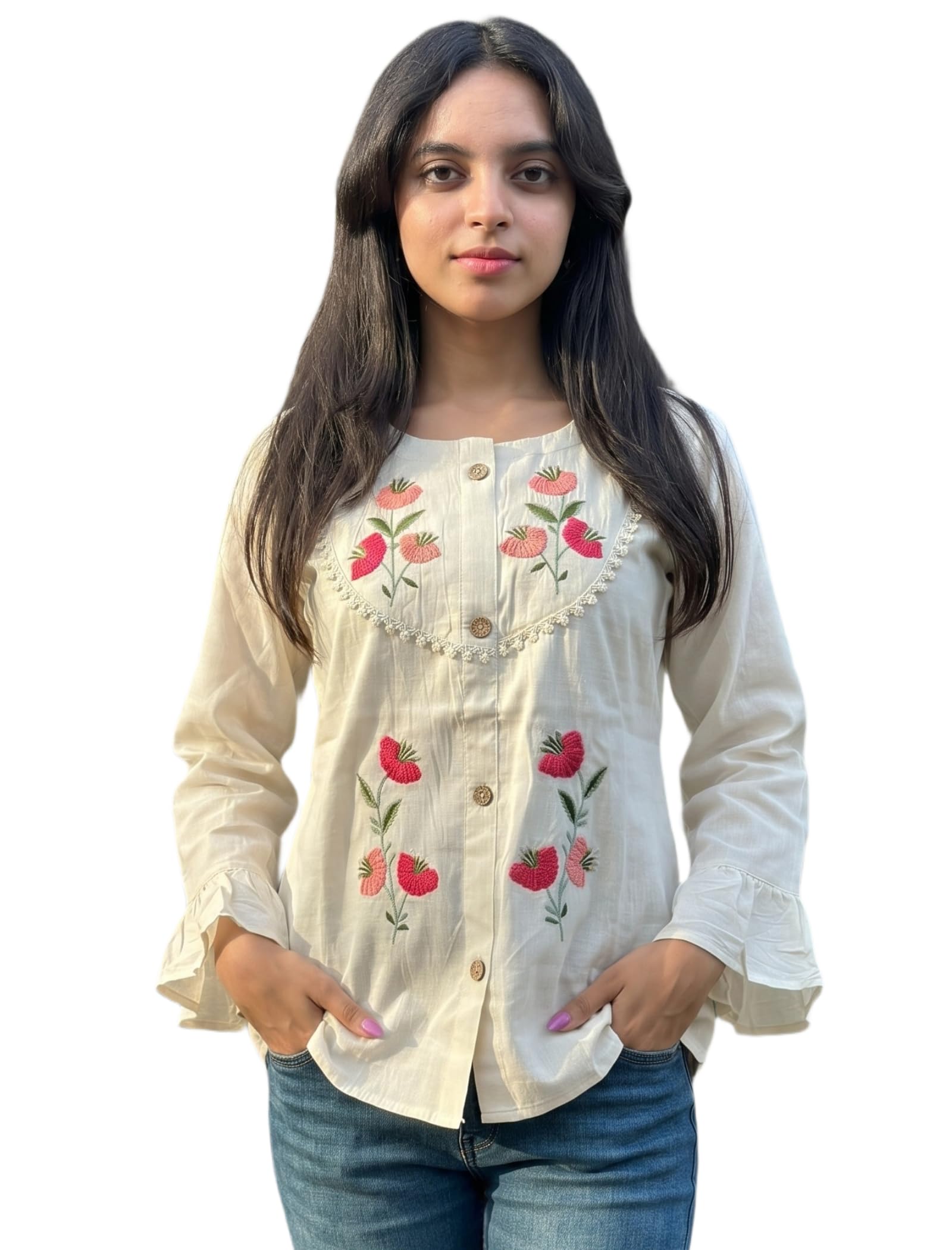 Women’s Off White Floral Embroidered Button-Down Shirt Top|| 3/4 Sleeve Casual Shirt Top Office & Casual Wear for Women-picture-55