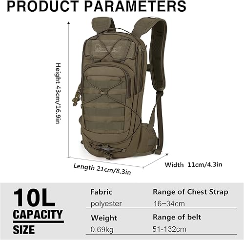 Miniatura 2 de Mardingtop Mochila táctica pequeña de hidratación Molle de 10L, mochila de ciclismo para ciclismo, ciclismo y correr EDC Dayback
