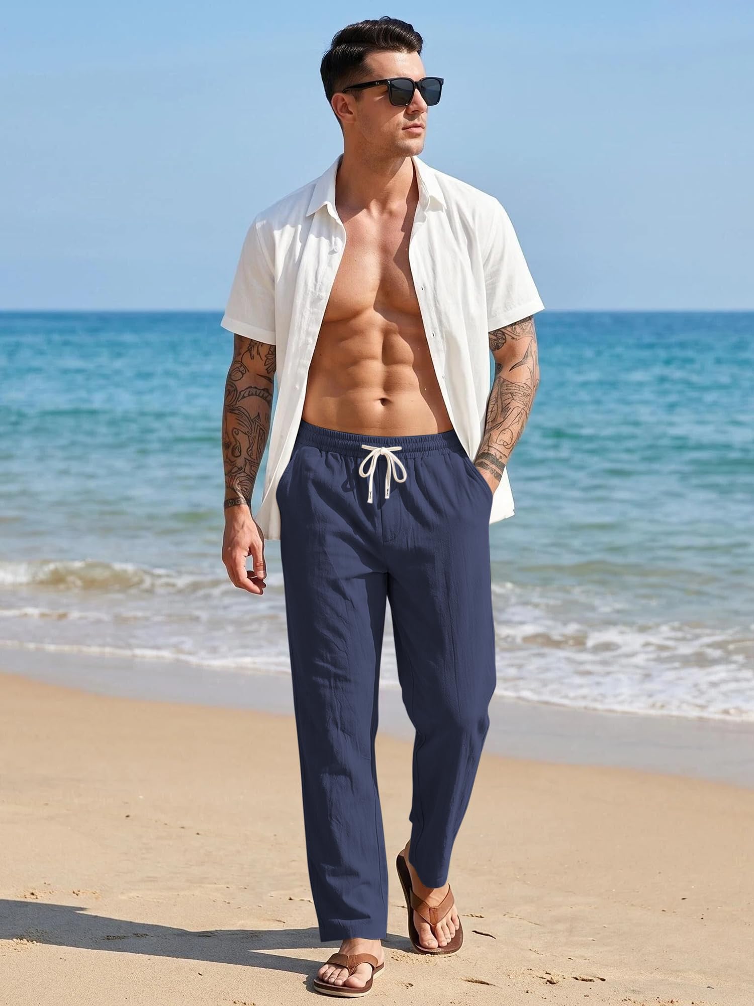 Pantalones de lino para hombre, casuales, de verano, para playa, cintura elástica, con cordón, ligeros, con bolsillos