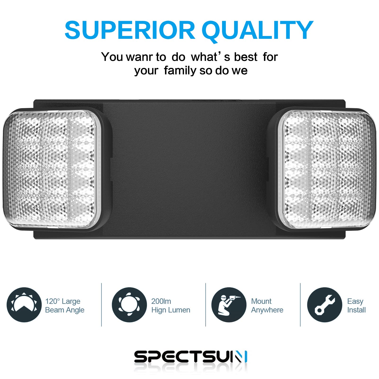Spectsun LED-Notausgangsschild mit Notlichtern und Batterie-Backup, verstellbar, fest verdrahtet, 2 LED-Köpfe, UL-zertifiziert, 120–277 VAC/kommerzielle Notfallleuchten für Zuhause/Geschäft, 6 Stück