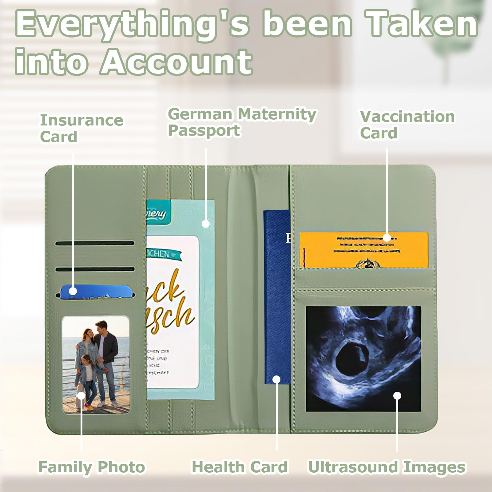 Funda para pasaporte de maternidad de piel sintética, para carné de maternidad (9 compartimentos), color verde