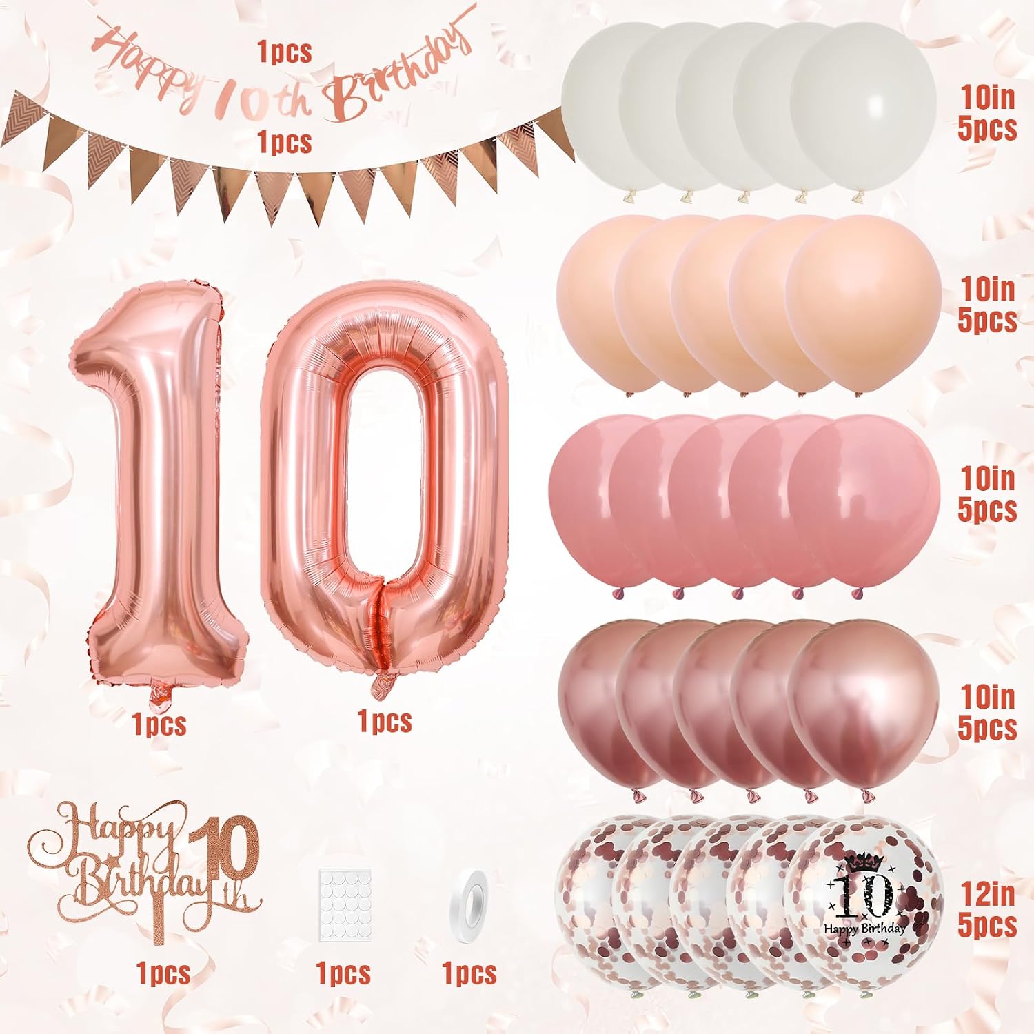 10th Birthday Decorations Retro Pink Rose Gold, 10th Birthday Balloons Set image 2