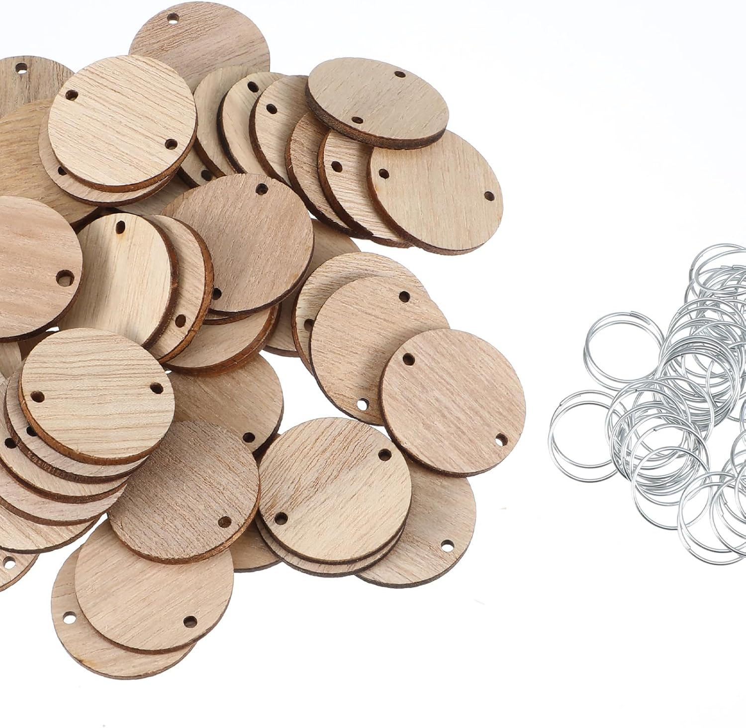 50 PCS Wooden Circles with Holes 1/0.6 inch Unfinished Blank Wood Circle Pendants or Crafts, Wooden Earring Blanks, Small Discs for Decoration, DIY Embellishment (with 50 Pieces Rings)