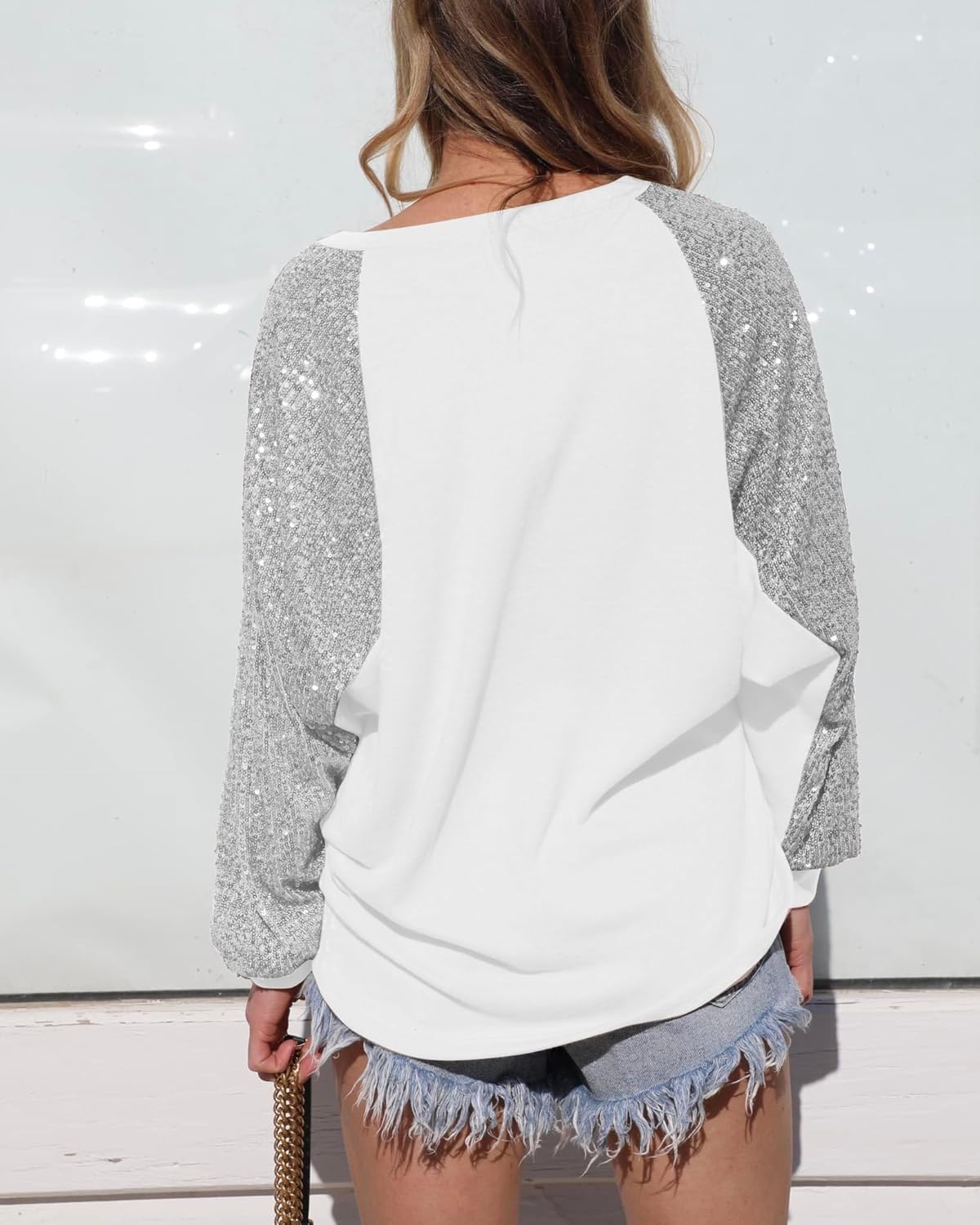 ALLTB Women's Sequin Tops Sparkle Long Sleeve Blouses Shimmer Glitter Sweatshirt Party Crewneck Loose Fit Shirts
