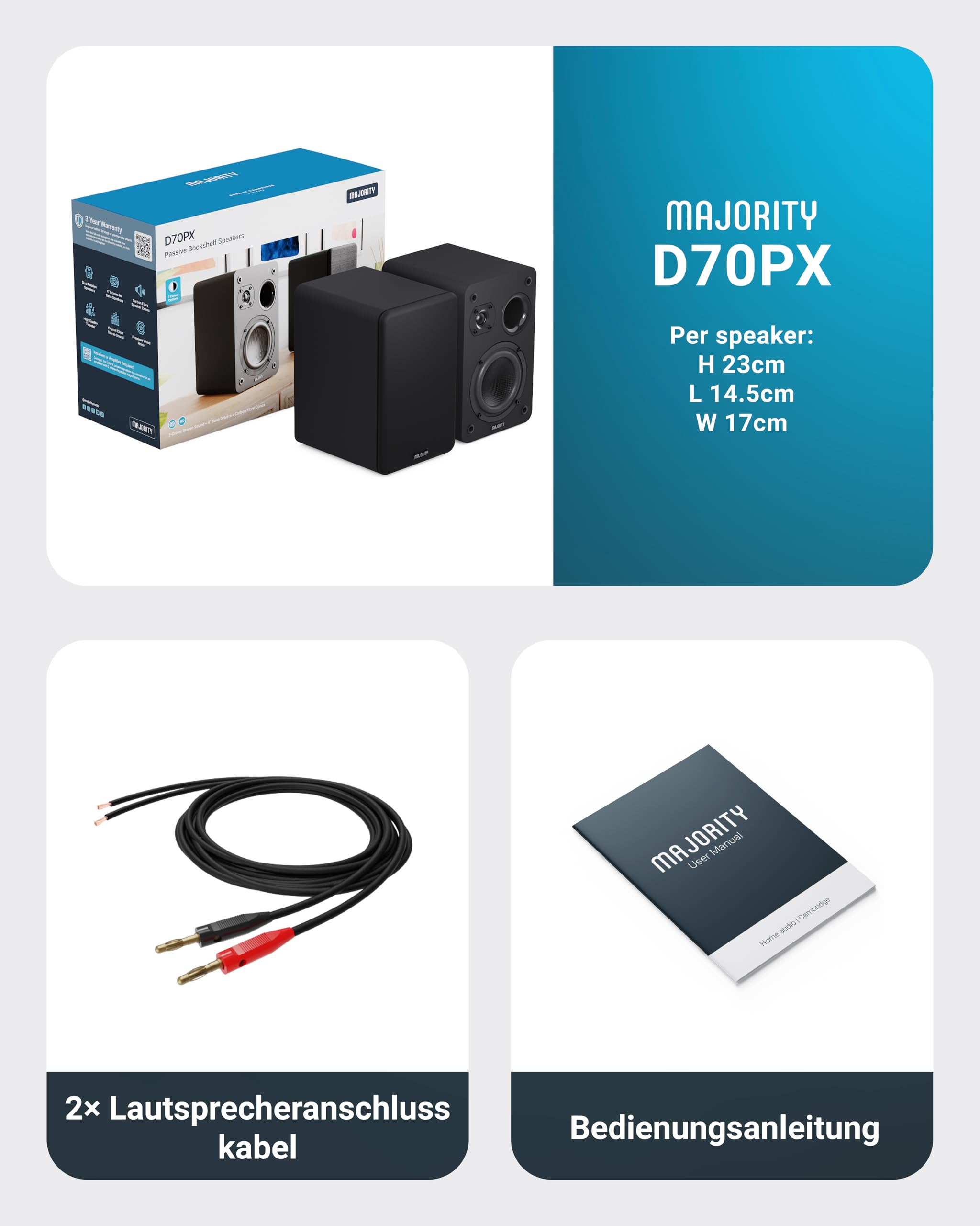 MAJORITY D70X Lautsprecher Boxen | 2 x 30W Regallautsprecher Passiv | HiFi Lautsprecher Doppeltreibern Lautsprechermembranen aus Kohlefaser | DJ Boxen 6Ω Impedanz & 40HZ-20KHZ Frequenzgang (Schwarz)