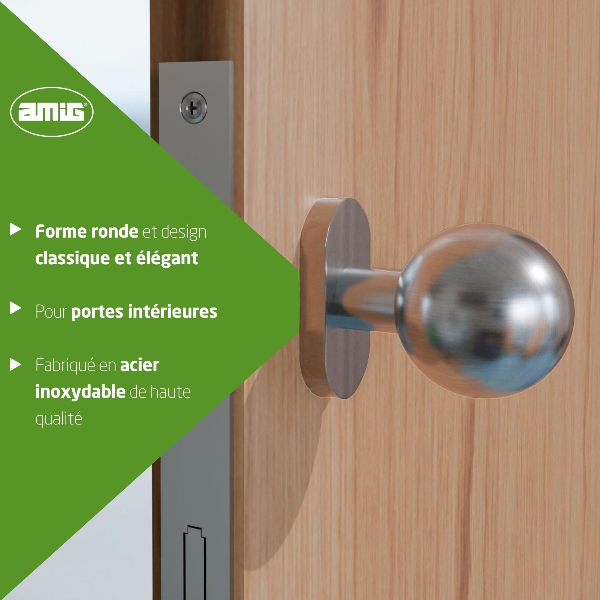 Amig - Jeu de boutons pivotants pour porte Mod. 11ALGR | ø62 x 77 mm | Avec garniture de rosette | Poignée ergonomique | Vis anti-vol | Sans ressort | Acier inoxydable 18/8 mat