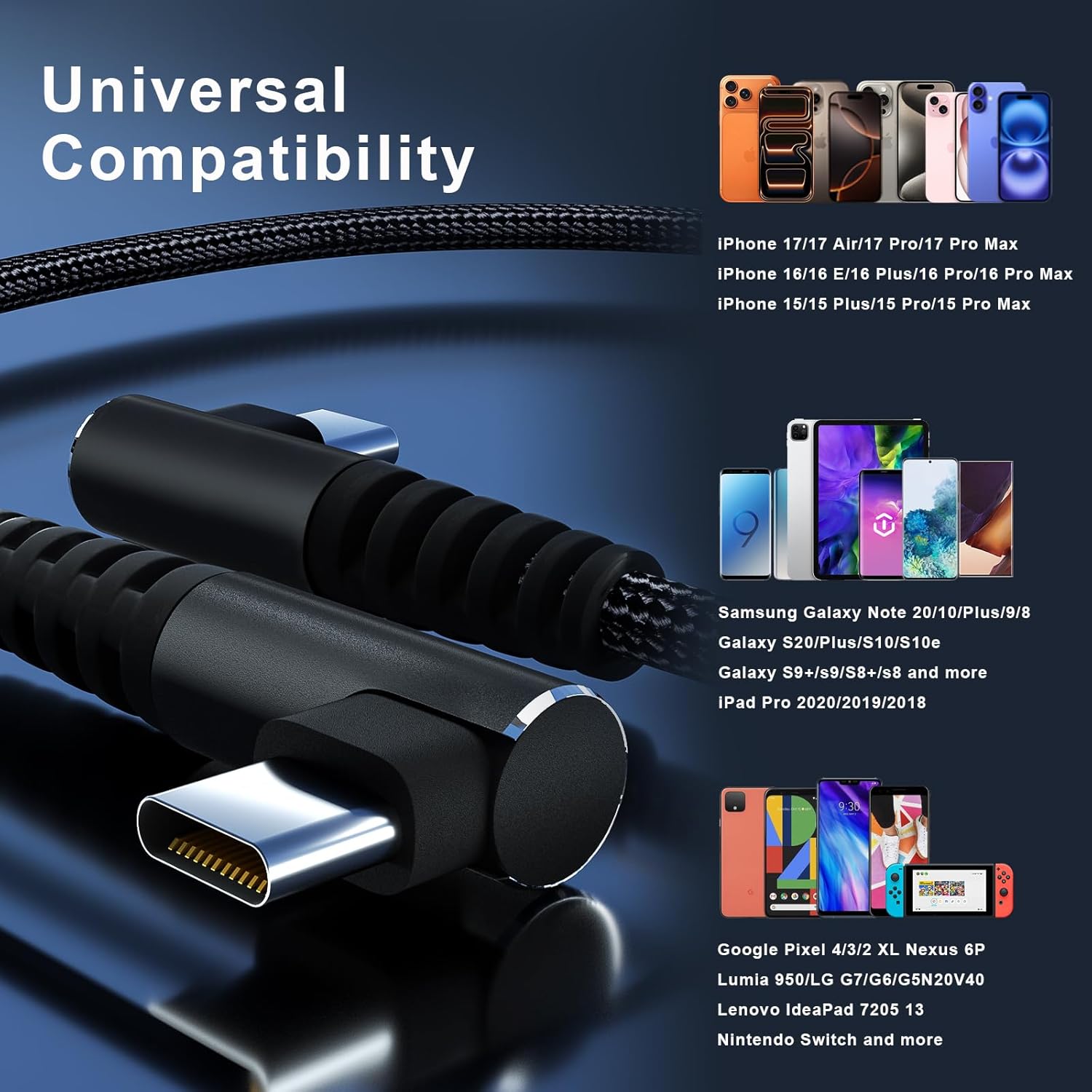 USB C to USB C Cable 100W 1ft 3 Pack 90 Degree Type C Cable Nylon Braided Right Angle USBC Fast Charging Cable Compatible with iPhone 15 16 17 Series, MacBook, iPad Pro, Galaxy S8 - S24, Pixel, LG - Image 2