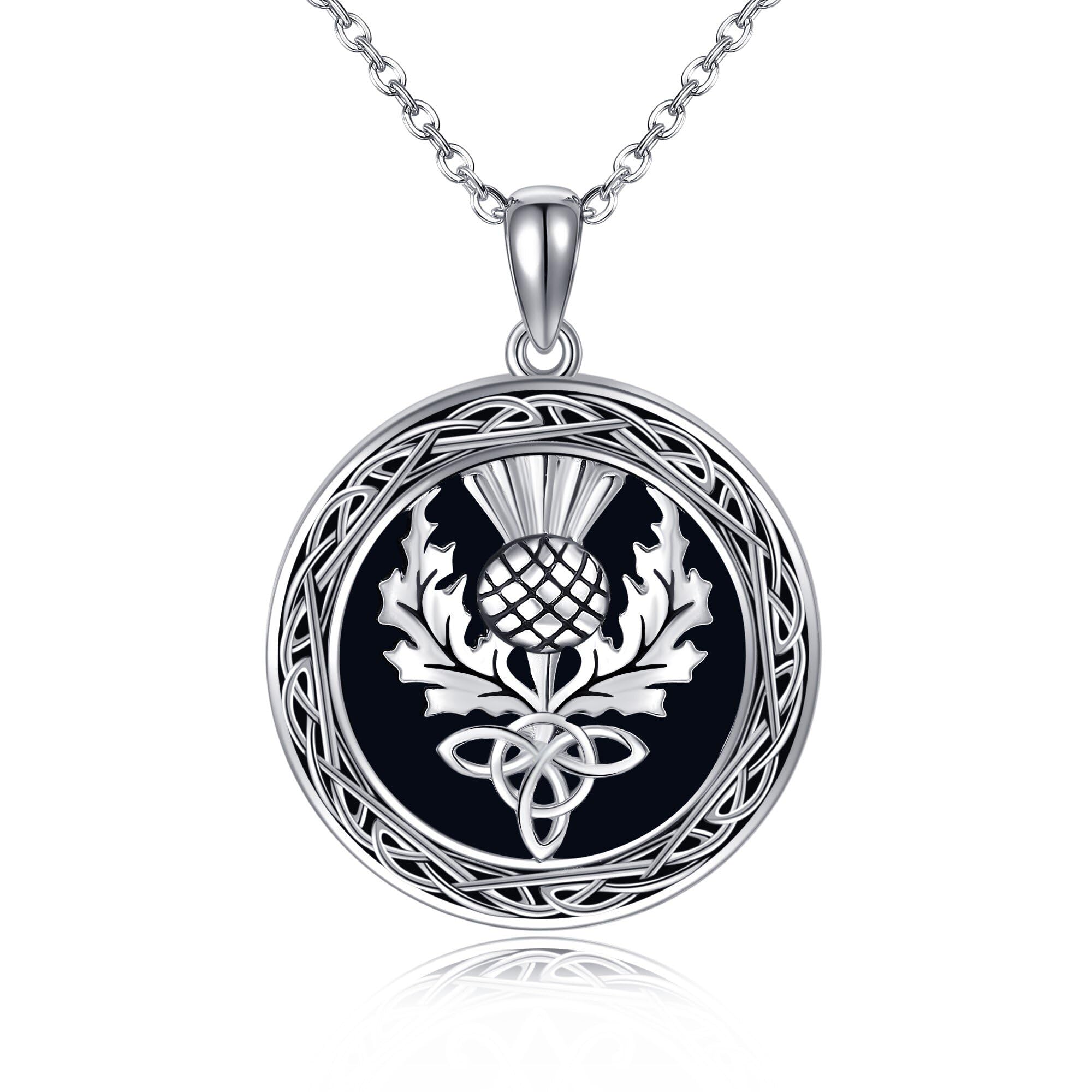 Schottische Distel Halskette Sterling Silber Schwarzer Onyx Keltischer Anhänger Neckalce für Frauen Schottischer Distelschmuck für Frauen