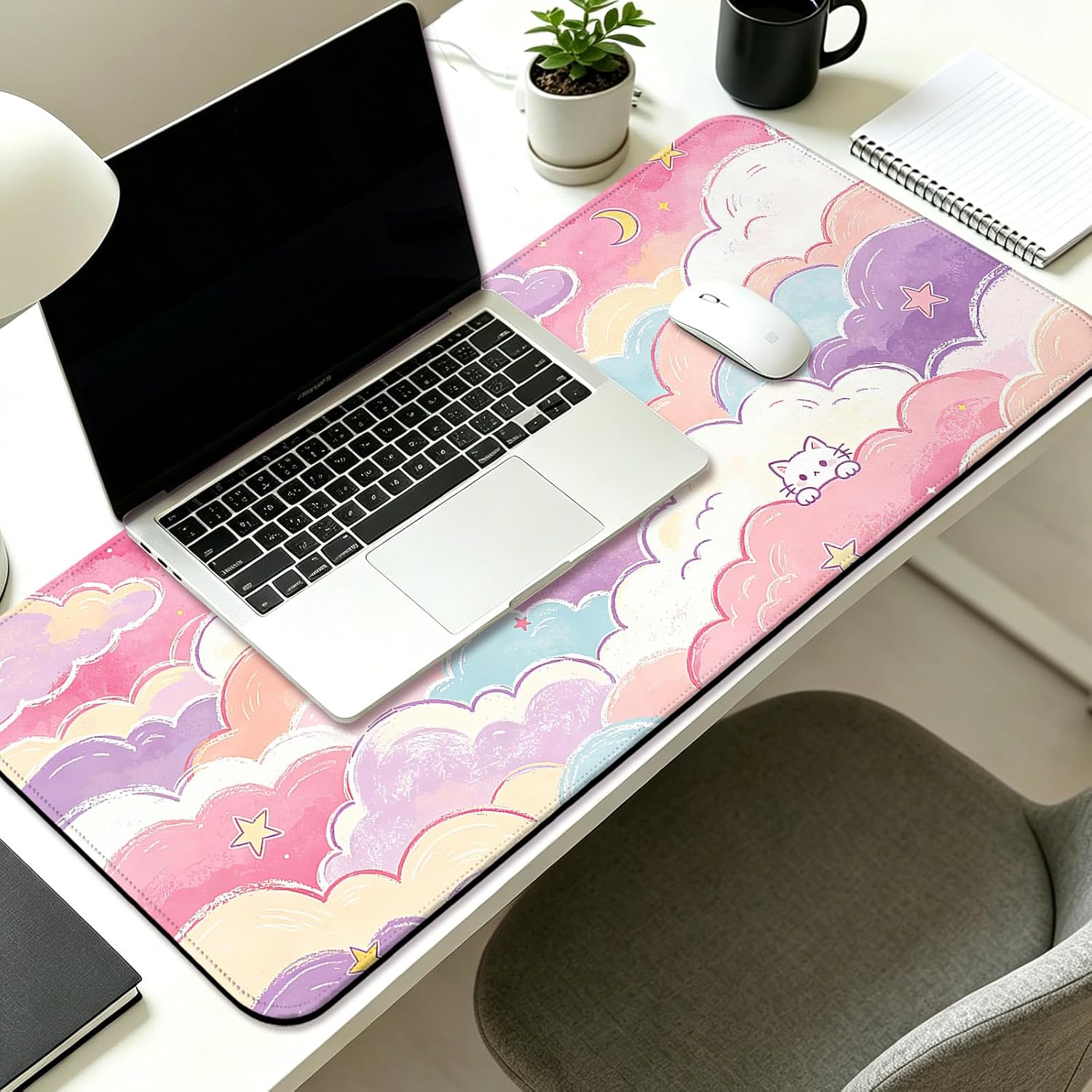 Sky Cloud and Cat Gaming Desk Mat, XL Extended Mouse Pad, Pink image 2