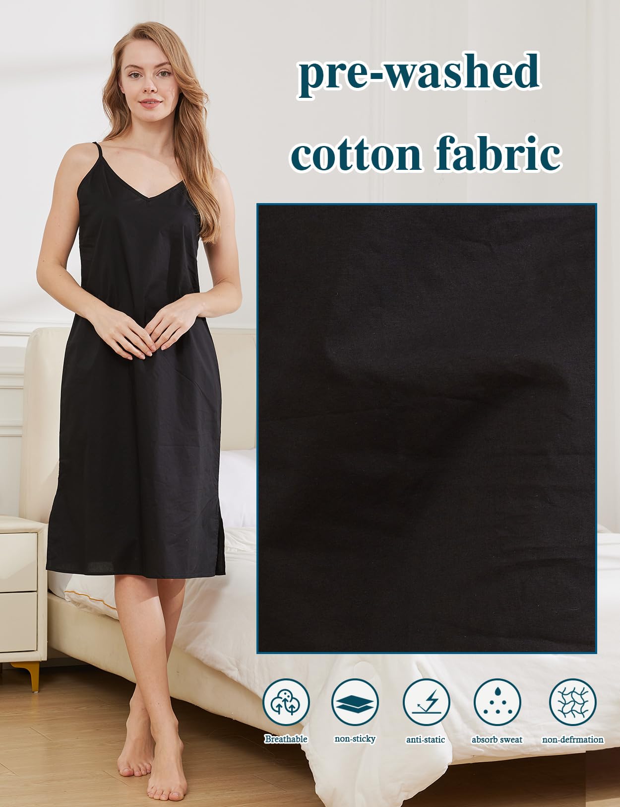 BEAUTELICATE Fond De Robe Longue Jupon sous Robe 100% Coton Légère Respirants Bretelles Chemise De Nuit Nuisette Col V De Femme Été Blanc Noir Chair