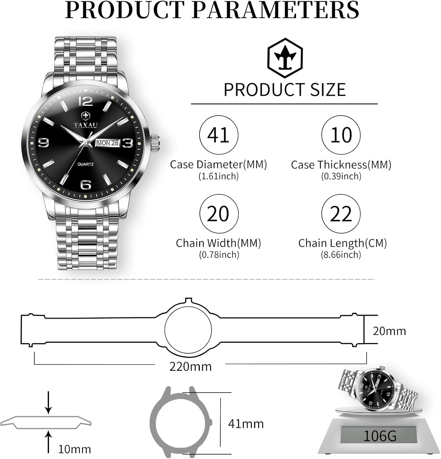 Stainless Steel Mens Watches with Day Date Quartz Analog Large Face Classic Watch Arabic Numerals Dress Luminous Rlojes para Hombres - Image 3