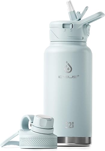 Miniatura 79 de IDEUS Botella de agua aislada de acero inoxidable con 2 tapas a prueba de fugas, termo para senderismo y ciclismo, 24 onzas, amarillo brillante