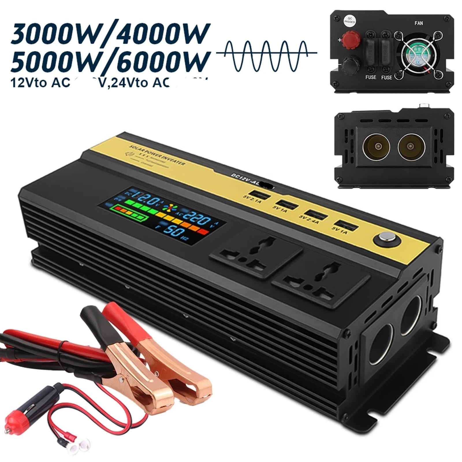 Przetwornica samochodowa DC12V/24V do AC 6000W Konwerter zasilania Adapter z ładowarką USB Uniwersalny falownik samochodowy,Chroń Swoje UrząDzenia(12v 5000W)