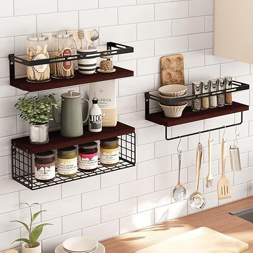 Miniatura 6 de Fixwal Estantes flotantes montados en la pared de 3+1 nivel con marco de metal, estantes de baño de madera rústica sobre el inodoro con cesta de