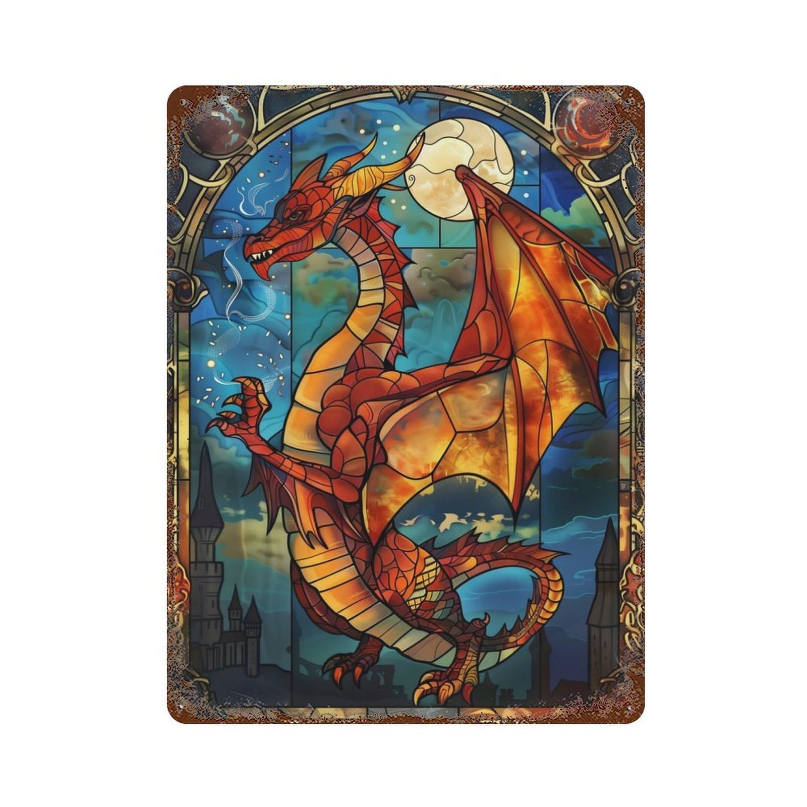 Dragon Stained Glass Distressed Metal Wall Sign 15.7"x11.8", for Farmhouse, Kitchen And Entryway Decor, Rustic Home Decor