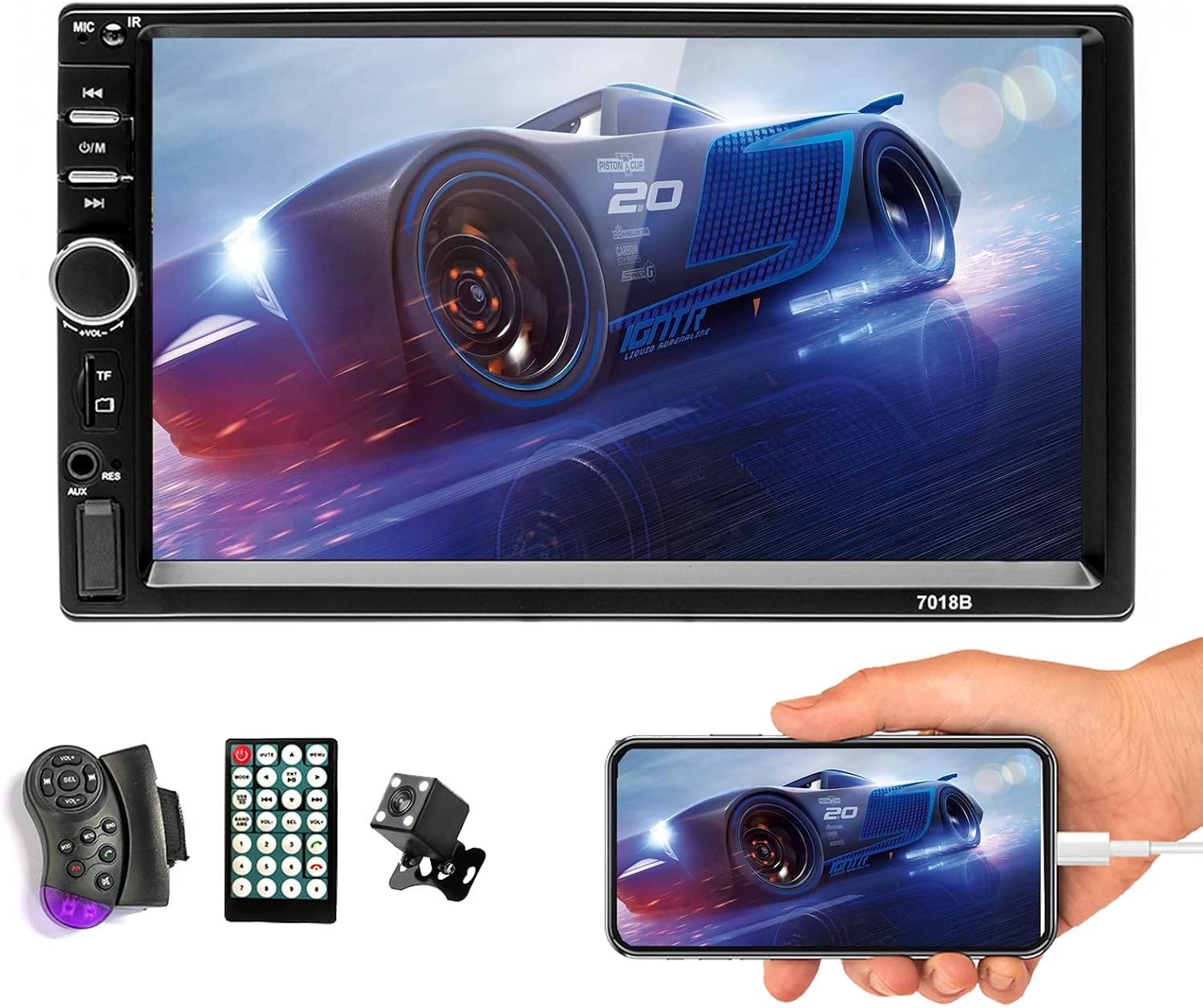 Double Din Car Radio Car Video Player 7'' HD Player MP5 Touch Screen Digital Display Bluetooth Multimedia Build-in Autoradio FM AUX USB SD Function with Steering Wheel Control