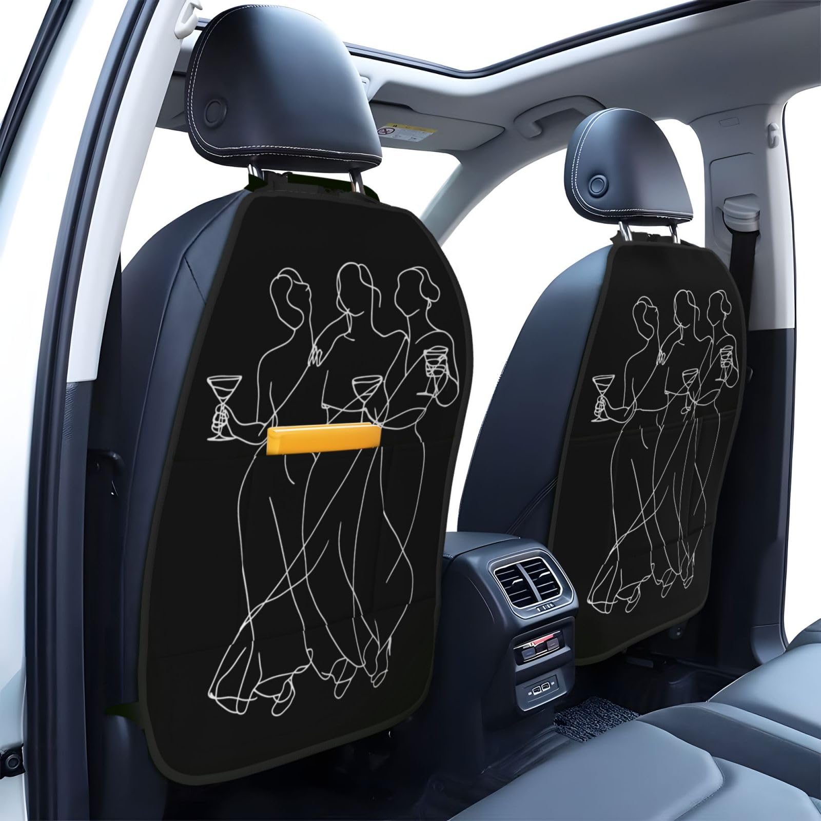 Three Women Dancing And Drinking Line Art Car Seat Back Kick Protectors,2 Pack Kick Mats With Storage Pockets For Vehicles To Protect From Dirt Mud Scratches
