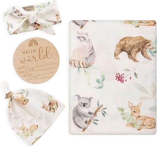 BabyWhale Manta de muselina para envolver con sombrero y vincha con moño, juego de manta con estampado de animales para bebés niños y niñas, manta