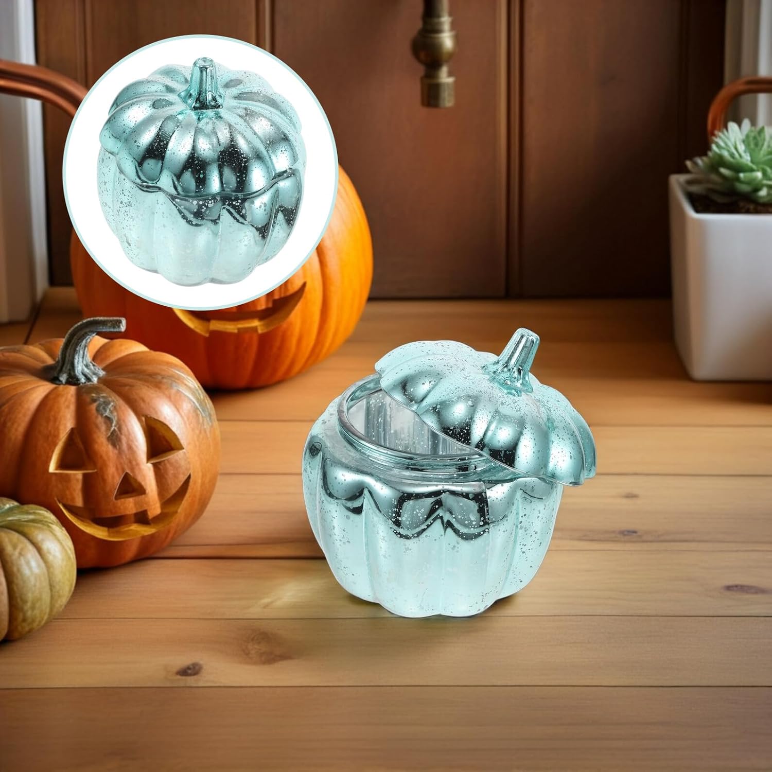 POPETPOP Glass Pumpkin Storage Jar with Lid, Halloween Candy Container, Food-grade Glass Kitchen Canister for Snacks and Tea Coffee Storage, Fall Decorative Candy Holder for Holiday Use