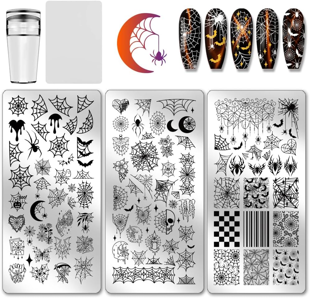 PH PandaHall 3pcs Halloween Nail Stamp Plate Spider Web Pattern Print Art Template Stainless Steel Nail Image Plate Spider Skull Nails Stencil for Halloween Women Nails Decoration 4.7x2.3 inch