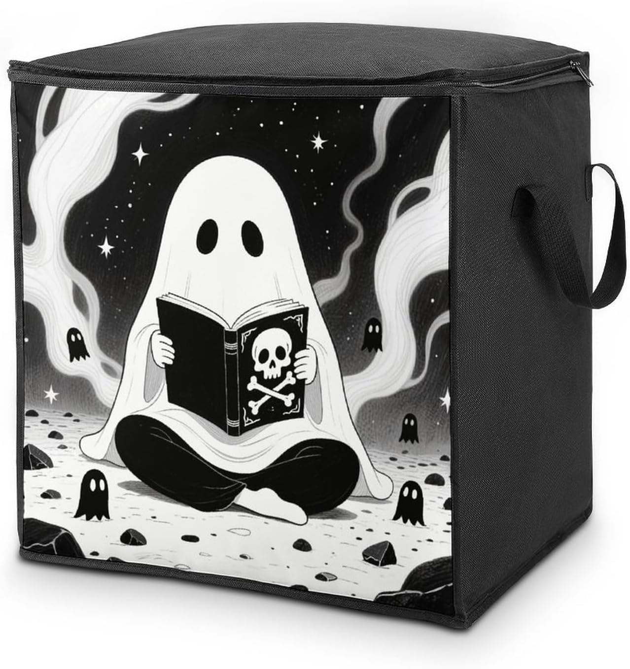 Black Cute Ghost Storage Bag with Zippers And Handle Extra Large Bedding Comforter Storage Bag Foldable Blanket Storage Bags Fabric Moving Bags for Closet Organizer (70L)